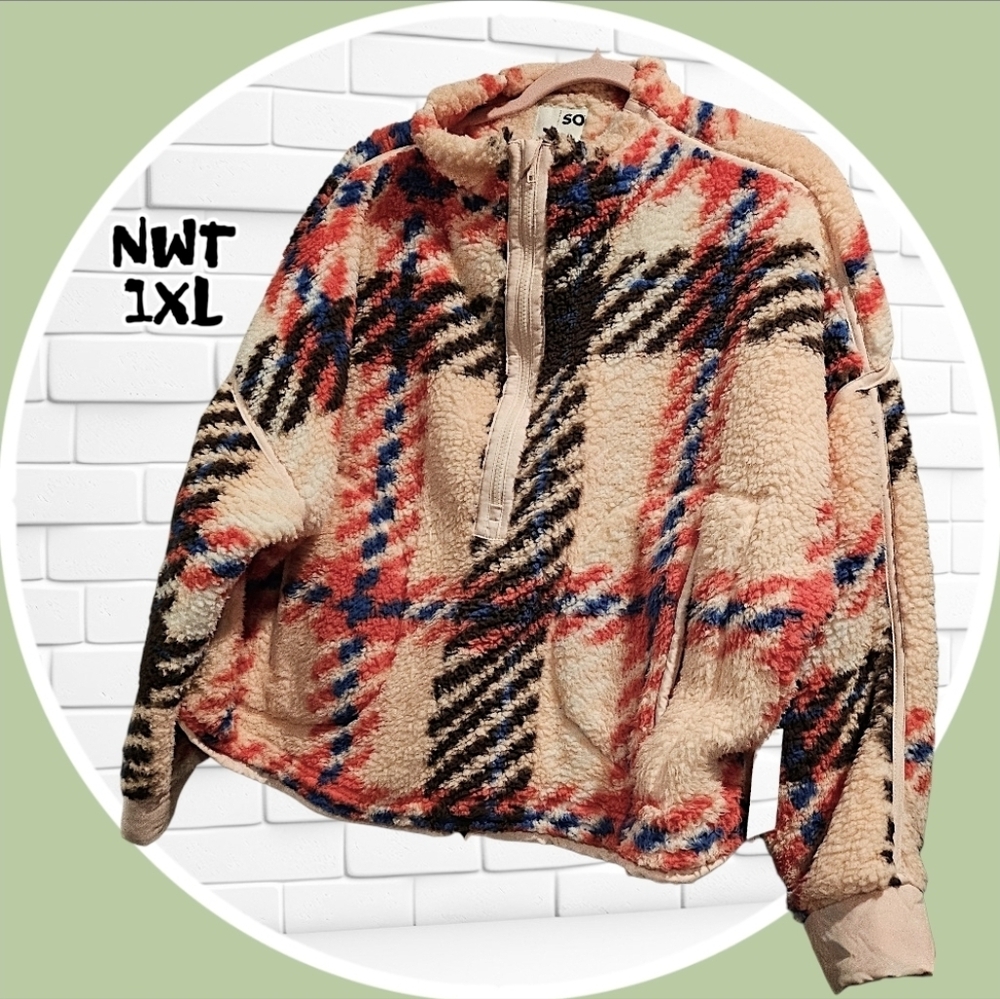 NWT High Pile Sherpa Quarter ZIP Pullover W Pockets & Adj. Bungee Drawstring Hem